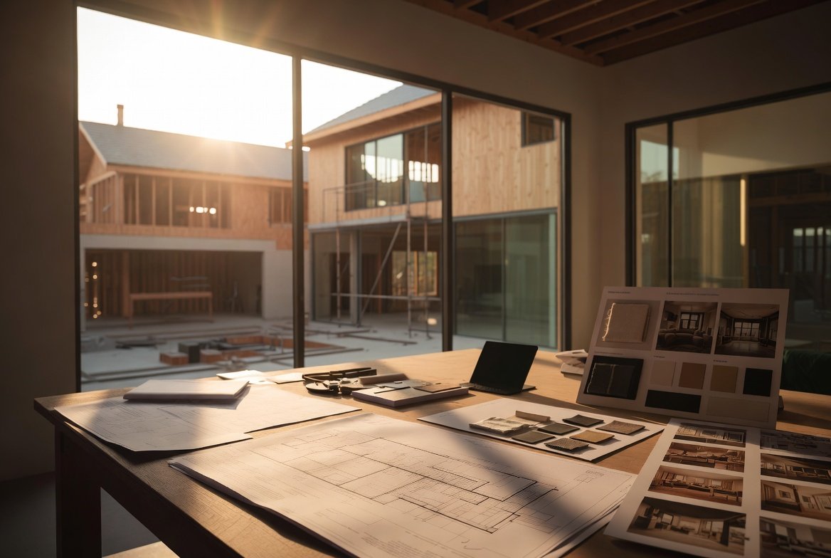 Cabinetry plans and finish samples arranged for a design consultation