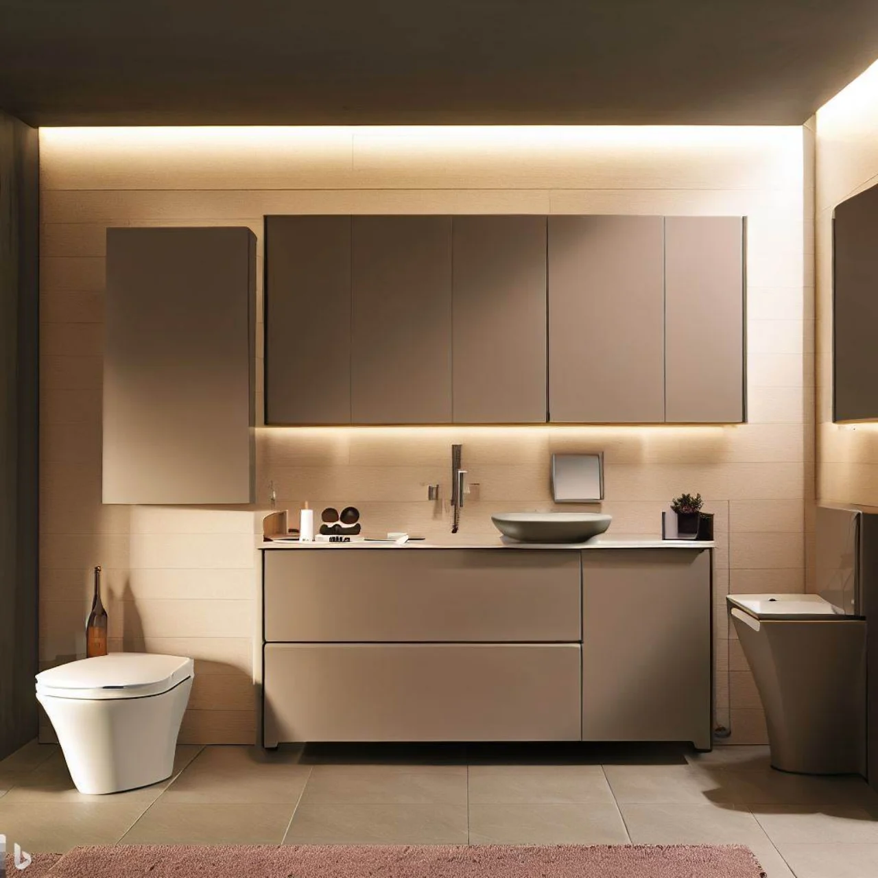 Warm wood bathroom cabinetry